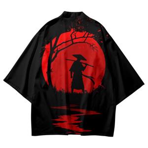 여름 기모노 창의적인 일러스트 프린트 크롭 셔츠 도교 로브 가디건 루즈핏 남성 하오리