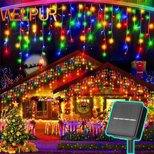 태양 거리 정원 장식 갈 랜드 태양 커튼 고드름 빛 야외 LED 문자열 조명 3.5M/7.5M 방수 커튼 라이트