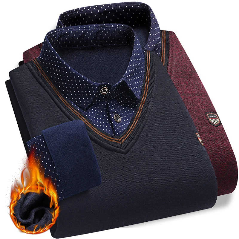 남성용 플러시 스웨터 가을 겨울 가짜 투피스 풀오버 폴로 셔츠 칼라 양털 두꺼운 따뜻한 탑 의류 캐주얼 점퍼