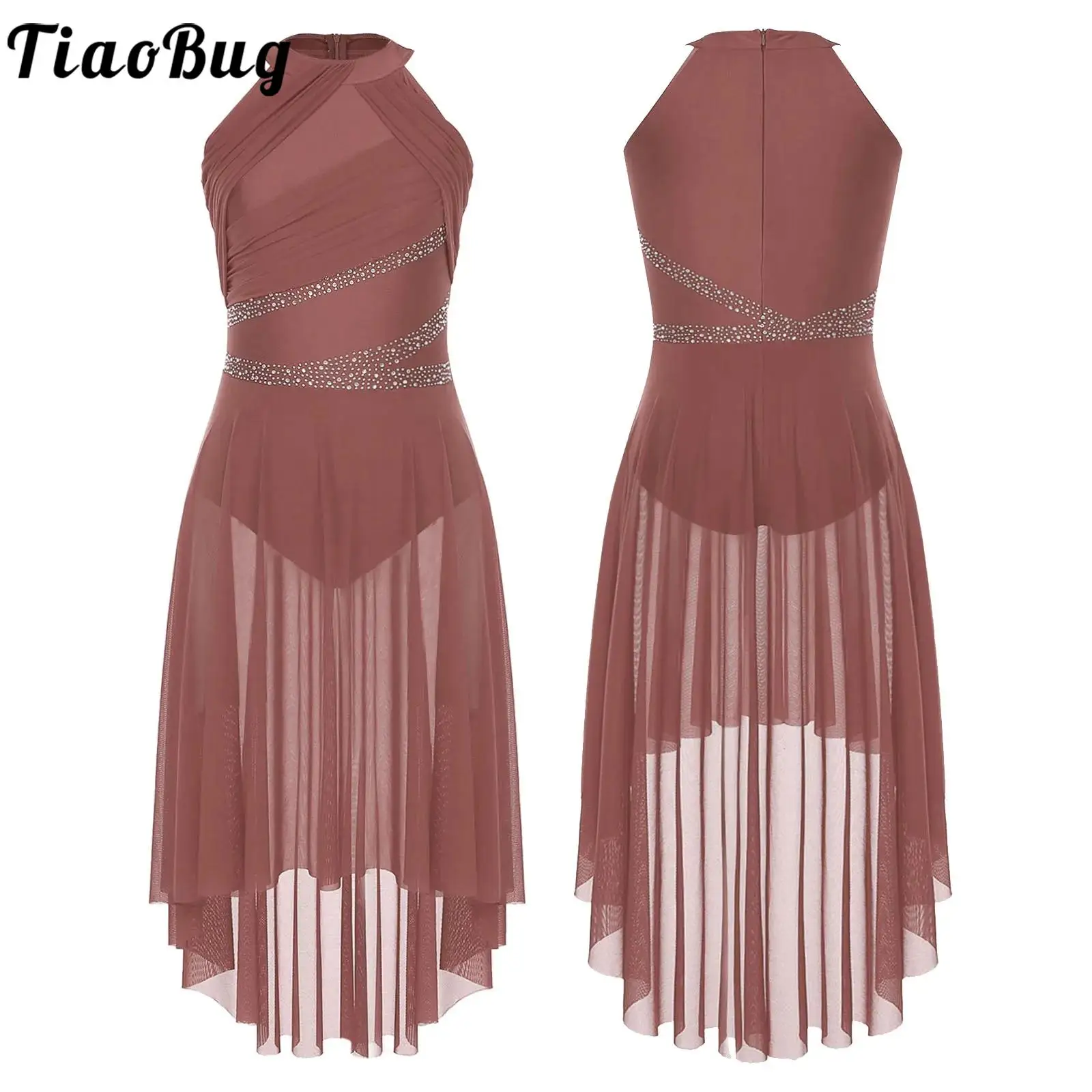 여자 현대 서정적 댄스 복장 높은-낮은 얇은 명주 그물 라인 석 발레 체조 레오타드 피겨 스케이팅 공연 의상