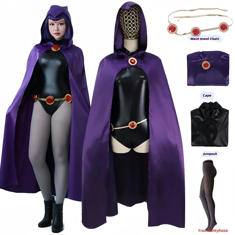 Teen Titans Raven 코스프레 의상 여성 의상 마법 소녀 코스프레 파이팅 바디 슈트 퍼플 후드 망토 풀 세트