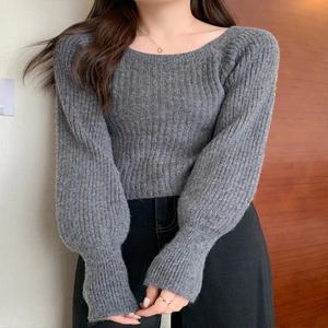 가을 겨울 느슨한 여성 스웨터 캐주얼 소프트 롱 퍼프 슬리브 풀오버 점퍼 니트 기본 스웨터 여성용 탑