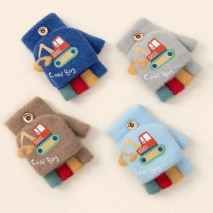 1 쌍 어린이 소년 소녀 만화 굴삭기 반 손가락 플립 커버 겨울 따뜻한 장갑, 유아 야외 니트 내한 장갑