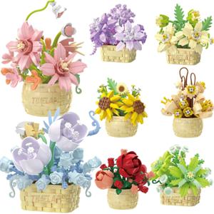 DIY MOC 화분에 심은 장미 해바라기 식물 다육 식물 분재 나무 정원 로맨틱 빌딩 블록 모델 벽돌 어린이 세트 키트 장난감