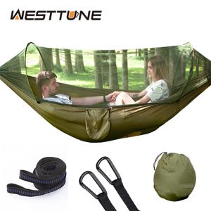 모기장이있는 WESTTUNE 야외 캠핑 해먹 자동 빠른 열기 교수형 해먹 패브릭 교수형 잠자는 스윙 침대