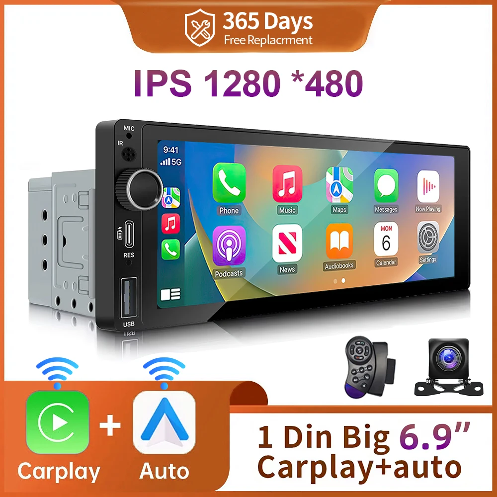 IPS 6.9 인치 1Din 무선 또는 유선 Carplay 안드로이드 자동 자동차 라디오 멀티미디어 MP5 플레이어 1 Din DVD 블루투스 스테레오 USB 충전