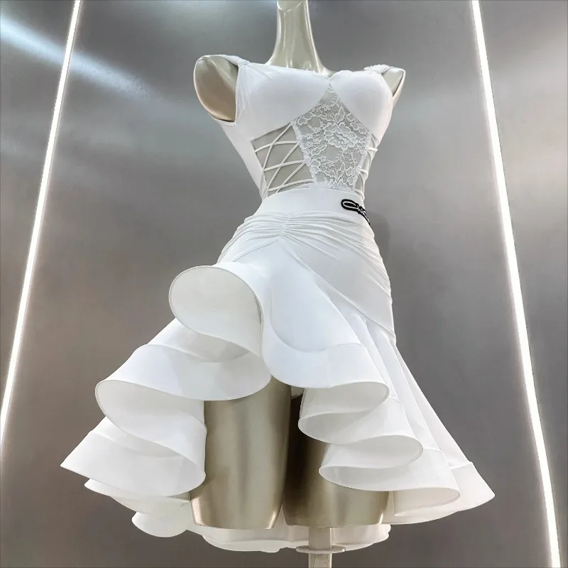 여성 라틴 댄스 복장 레이스 브래지어 탑 프릴 스커트 성인 여성 댄스 대회 무대 공연 의상