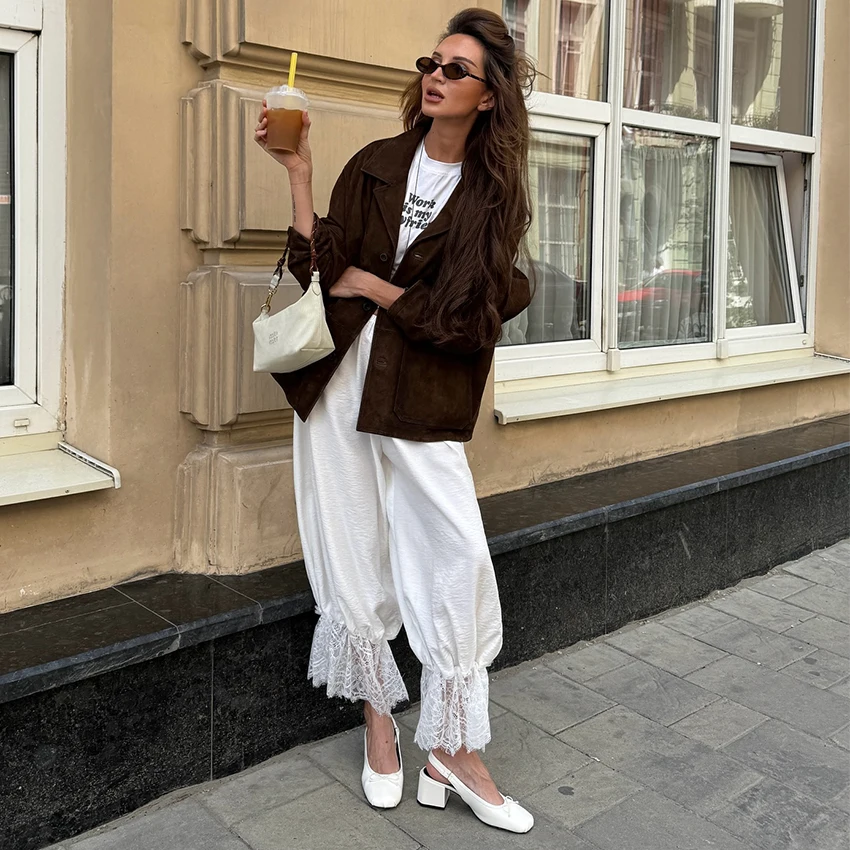 리나드 빈티지 루즈 레이스 펜슬 팬츠 여성용 화이트 엘레강스 밴딩 허리 트라우저 스트릿 시크 발목 기장 팬츠 2025 여름