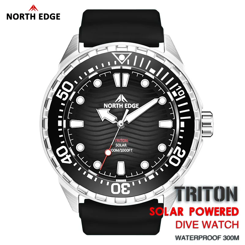 NORTH EDGE TRITON 남자를위한 새로운 태양열 구동 다이빙 시계 럭셔리 쿼츠 손목 시계 316L 스테인레스 스틸 케이스 300M 방수