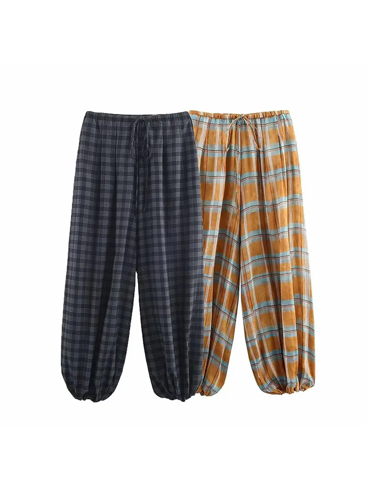 여성용 2025 가을 패션 다용도 블루머 체크 프린트 루즈 팬츠 여성용 하이웨이스트 드로스트링 캐주얼 바지
