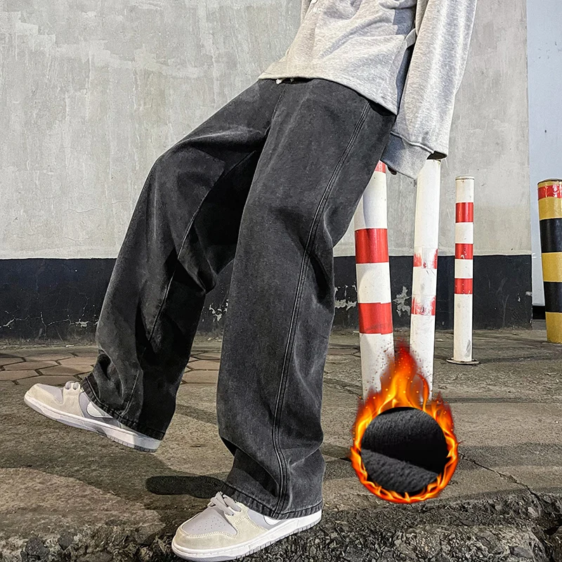 남성용 겨울 플리스 루즈 진 벨벳 따뜻한 신축성 있는 허리 와이드 레그 Y2K 데님 팬츠 스트레이트 편안한 브랜드 남성 의류
