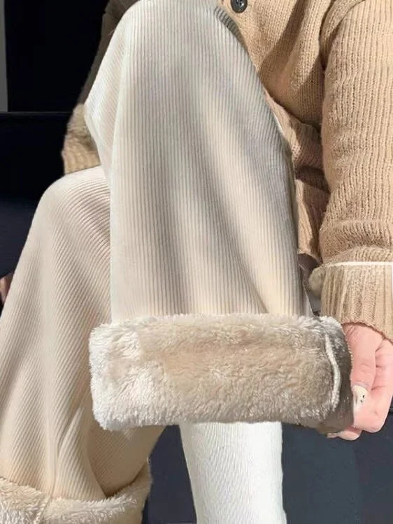 양털 벨벳 안감 두꺼운 와이드 레그 팬츠 여성용 루즈핏 코듀로이 캐주얼 바지 가을 겨울 플러스 사이즈 슬림핏
