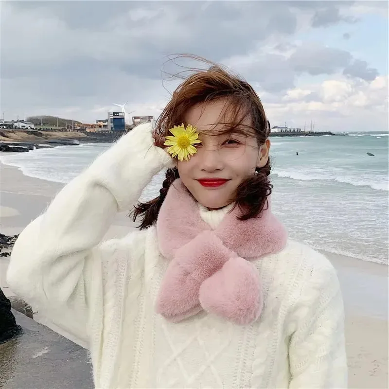 2027 우아한 여성용 인조 토끼털 목 스카프 두꺼운 따뜻한 화려한 겨울 스카프