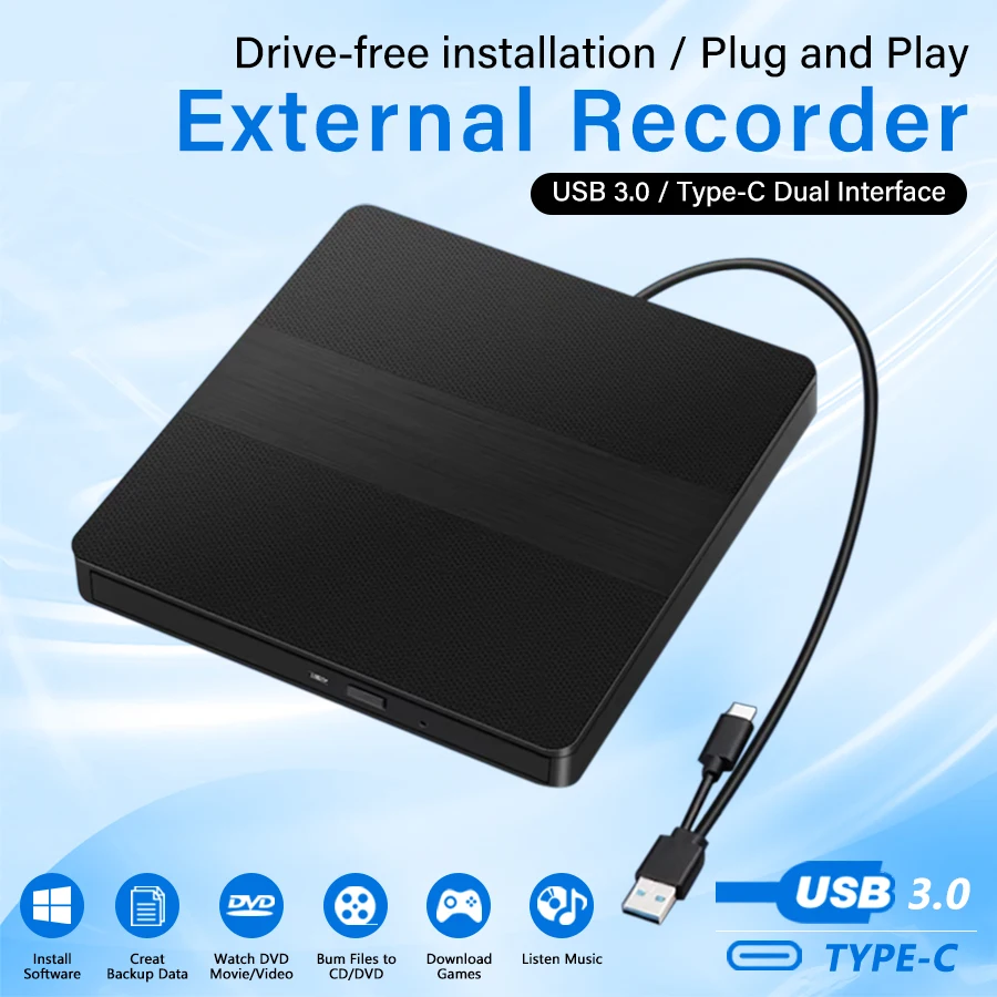 2-in-1 USB3.0 Type-C 외부 DVD RW CD 라이터 드라이브 버너 리더 플레이어 CD-ROM DVD-ROM 노트북 데스크탑 PC 용 광학 드라이브