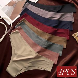 4PCS/세트 심리스 브라질리언 팬티 여성용 섹시 란제리 시원한 아이스 실크 로우 웨이스트 브리프 부드러운 솔리드 울트라-씬 비키니 속옷