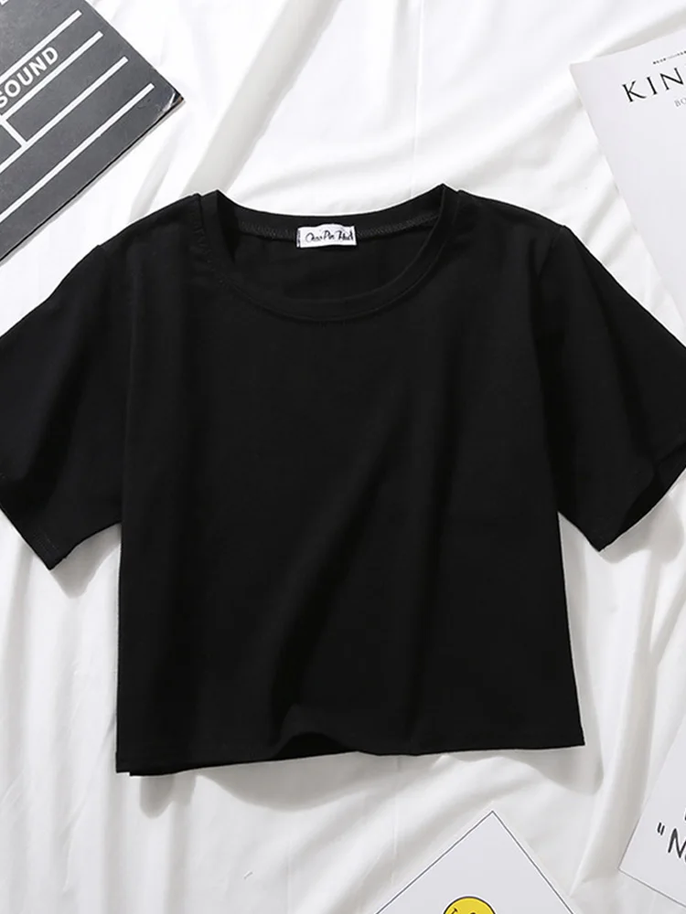 여름 짧은 소매 티셔츠 여성 코튼 솔리드 티셔츠 O 넥 하이 웨스트 자르기 탑 티 여성 캐주얼 루즈 티셔츠