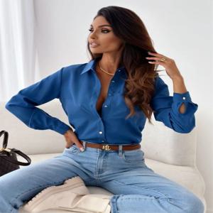 여성용 우아한 솔리드 쉬폰 블라우스, 캐주얼 긴팔 V넥 루즈 셔츠, 오피스 레이디 튜닉, 오버사이즈 상의, 용수철 여름, 2024