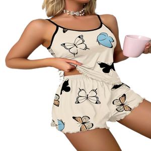 나비 프린트 잠옷 세트 양상추 트림 캐미 탑 신축성있는 허리 밴드 반바지 여성 잠옷 Loungewear