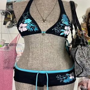 빈티지 꽃 프린트 큐티 세트 비키니 2000 년대 수영복 섹시한 여성 수영복 패션 홀터 스트랩 수영복 하이 스트리트 비치 여성