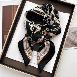 럭셔리 여성 빈티지 다용도 얇은 새틴 스카프 플로럴 프린트 헤어밴드 봄 가을 작은 사각 스카프 머리끈 및 가방용