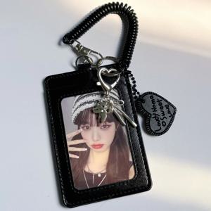 새로운 PU 블랙 카드 홀더 앨범 보관 키링 펜던트 한국 K팝 카드 슬리브 보호 필름 포함 아이돌 사진 게임 카드 커버