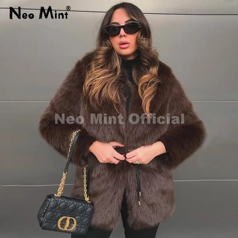 네오 민트 2025 겨울 핫 브라운 벨티드 인조 모피 코트 여성용 두꺼운 따뜻한 롱 폭스 퍼 재킷 시크 브랜드 패션 소녀용 퍼리 오버코트