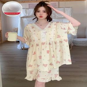 특대 사이즈 면 잠옷 반팔 여성용 달콤한 공주 스타일 홈웨어 투피스 세트 (가슴 패드 포함)