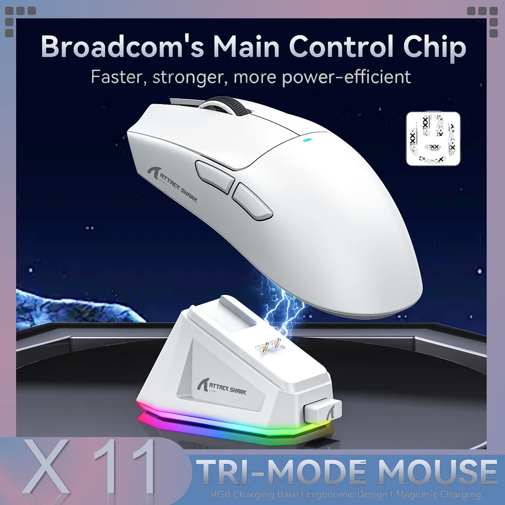 어택 샤크 X11 무선 마우스, 블루투스/2.4G/유선 트라이 모드 마우스, PAW3311 RGB 마그네틱 충전 독 게이밍 마우스