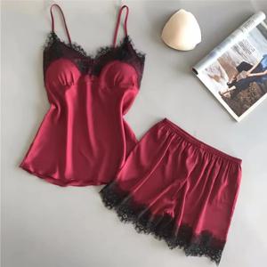 여성 잠옷 정장 패션 v 넥 스트레치 새틴 Babydoll 레이스 섹시한 란제리 Bowknot 잠옷 수면 반바지 세트 잠옷 새로운