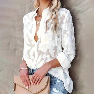 여성용 플라워 자카드 블라우스 플러스 사이즈, 긴팔 메쉬 시스루, 캐주얼 스트리트웨어, 단색 셔츠, 오버사이즈 상의, 가을