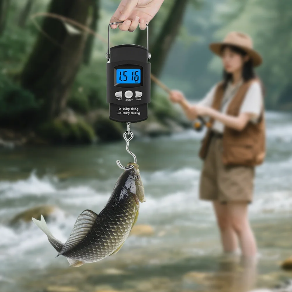 50kg/10g 휴대용 LCD 전자 손 저울 여행용 걸이형 저울, 100cm 길이 접이식 줄자 포함, 생선 및 채소 계량용