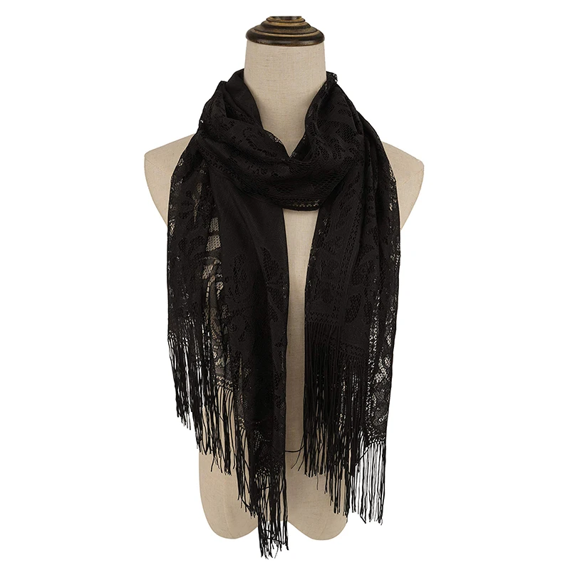 RUNMEI 블랙 옐로우 핑크 컬러 꽃 레이스 스카프 술 프린지 목도리 랩 꽃 Headscarf 이슬람 Hijabs 스카프 여성 숙녀