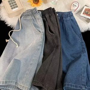 여름 얇은 신축성 있는 허리 데님 반바지 여성용 루즈핏 오부 캐주얼 팬츠 스트레이트 레그 슬리밍 효과