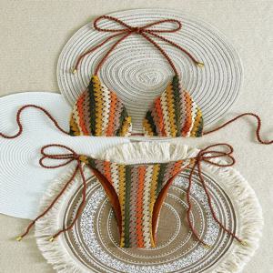 Para Praia 크로 셰 뜨개질 홀터 비키니 2025 니트 비키니 여성 수영복 섹시한 여성 수영복 브라질 Biquini 붕대 수영복