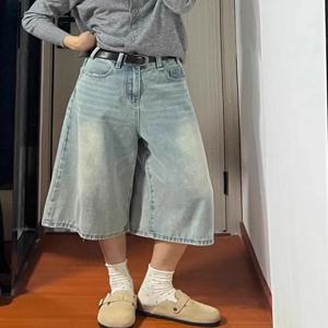 루즈 와이드 레그 데님 반바지 여성 여름 신상 캐주얼 하이웨이스트 7부 스트레이트 튜브 팬츠 플러스 사이즈 여성용