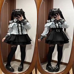 일본 스타일 JK 교복 핫걸 세트 겨울 대학 스타일 어깨 노출 셔츠 하이웨이스트 미니스커트 로리타 풀세트