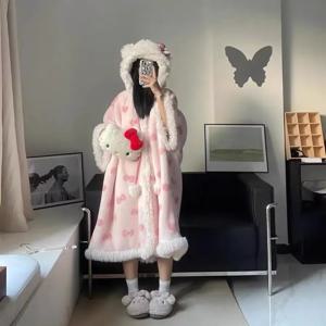 키티 캣 코랄 플리스 두꺼운 여성용 로브 잠옷 가을 겨울 홈웨어 외출복 드림 슌펜 만화 스타일