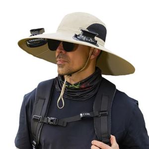 태양광 팬 모자 넓은 챙 태양광 팬 야외 낚시 모자 스트랩 2개 팬 방수 야외 하이킹 캠핑 낚시 모자
