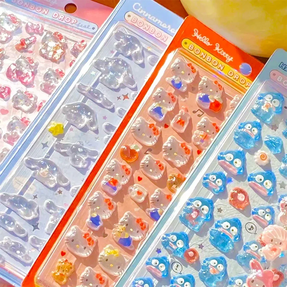 애니메이션 Sanrio Kuromi Hellokitty Hangyodon Cinnamoroll 3D 투명 젤리 스티커 크리스탈 장식 스티커 전화 케이스 Diy 장난감