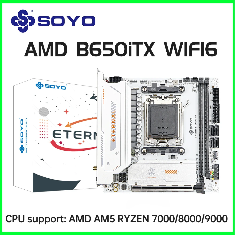 SOYO B650ITX AMD 미니 마더보드 AMD 라이젠 AM5 DDR5 지원 CPU 7000 8000 9000 프로세서 Pcie5.0x16 Pcie4.0x4 M.2 ARGB WIFI6