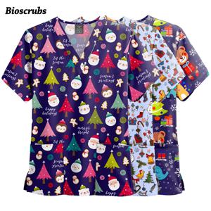 새로운 스크럽 셔츠 의료 간호사 유니폼 레드 그린 크리스마스 유니폼 남성 여성용 브이넥 반팔 상의 포켓 간호 블라우스