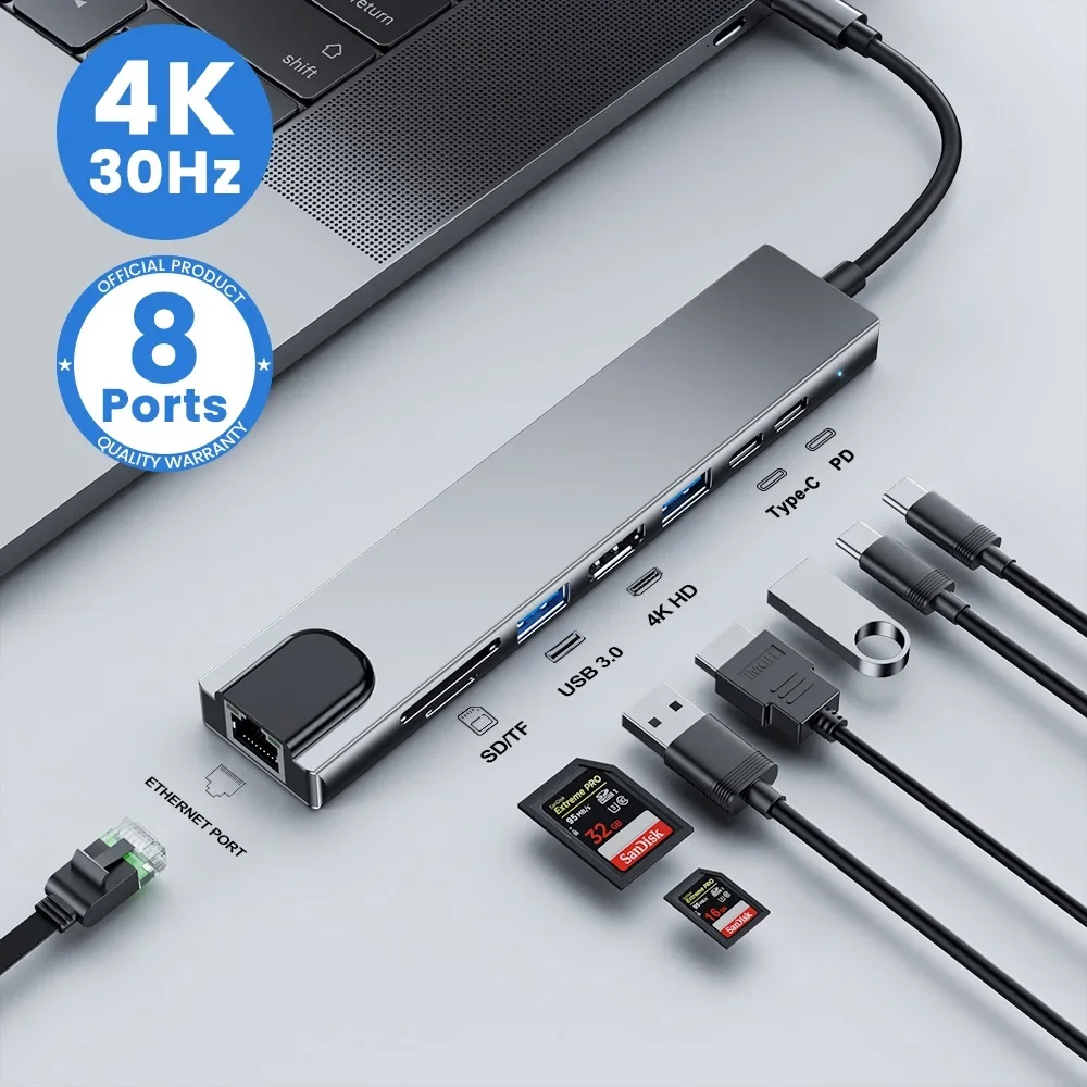 USB C 허브 8인1 7인2 7인1 타입 C 3.1 HDMI 어댑터 RJ45 SD/TF 카드 리더 PD 고속 충전 맥북 노트북용