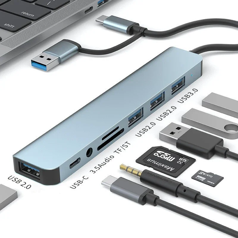 8in1 USB C 허브 4개의 USB 포트 1개의 USB-C 잭 TF/SD 카드 리더기 3.5mm 오디오 출력 맥북 프로 아이패드 프로 아이폰 15 노트북용