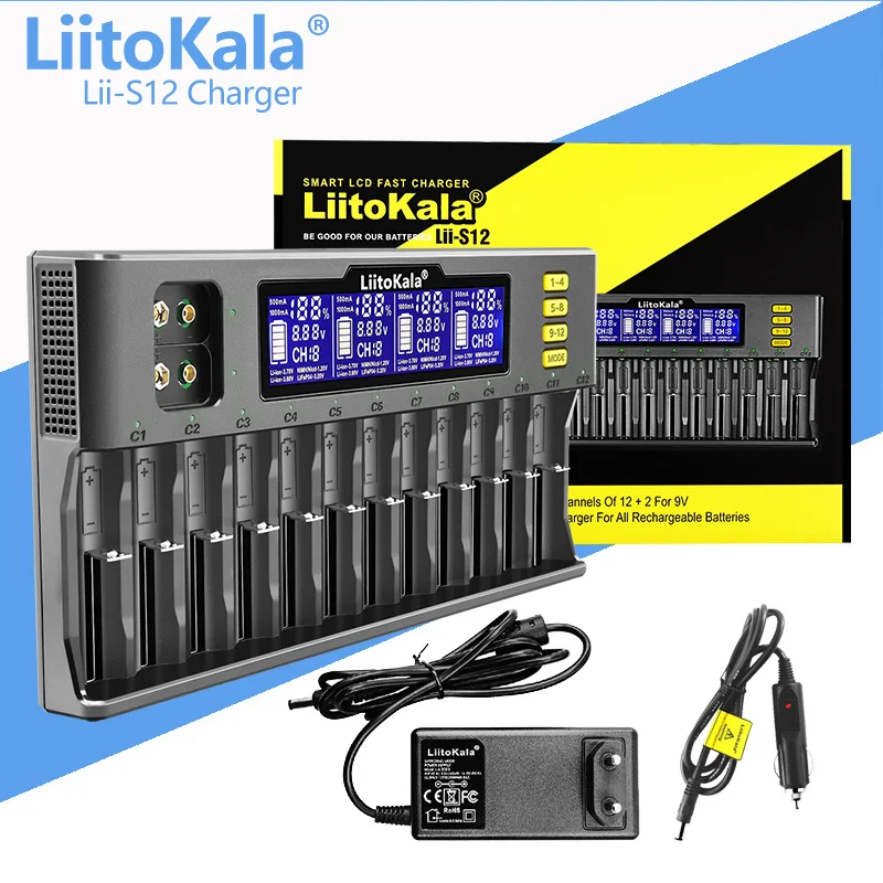 LiitoKala Lii-S12 12 슬롯 18650 배터리 충전기 20700 26650 21700 14500 10440 16340 1.2V 3.7V 배터리