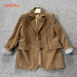 레트로 키즈 스웨이드 가죽 수트 코트 여성 2025 가을 겨울 정품 소가죽 스웨이드 재킷 빈티지 커피 오버사이즈 재킷 아우터