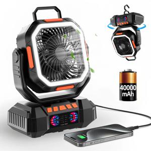 캠핑 팬 40000mAh 배터리 구동 팬 충전식 4단 속도 LED 랜턴 포함 - 휴대용 야외 텐트 팬 (걸이 고리 포함)