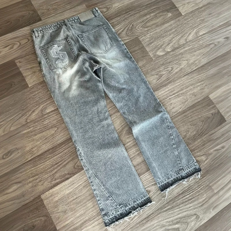 Y2K 레트로 청바지 연한 색상 달러 패턴 자수 스플라이스 데님 팬츠 고딕 힙합 스트리트웨어 남녀 패션 배기 팬츠