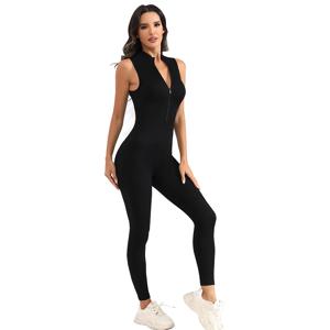 여성용 골지 민소매 지퍼 프론트 스포츠 점프수트, 요가 운동, 골지 심리스 원피스 점프수트, 집업 바디콘
