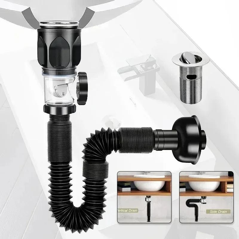 범용 플립 스테인레스 스틸 세면대 싱크대 벽 배수 파이프, 주방 욕실 액세서리, 악취 방지 배수 파이프
