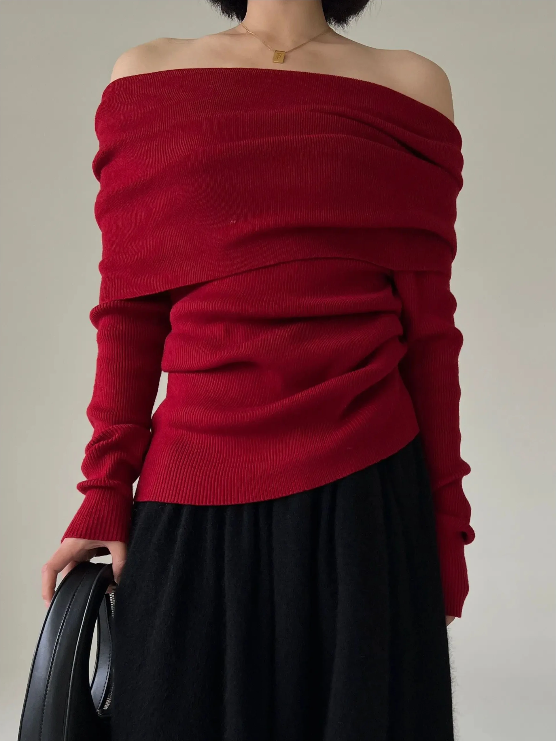 가을 겨울 오프숄더 여성 스웨터 우아한 빈티지 니트 솔리드 점퍼 고탄력 탑 부드러운 시크 풀오버 2026